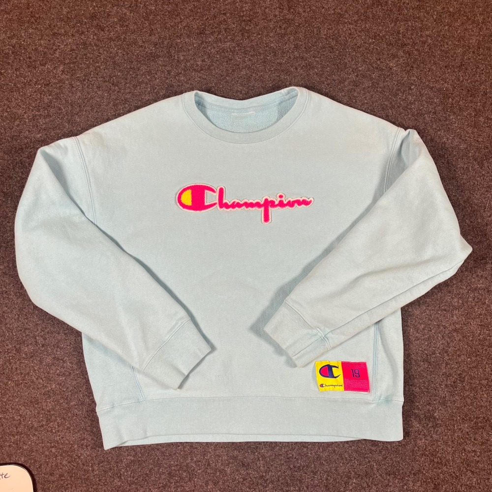 Champion Vintage Reverse Weave Sweatshirt Light Blue Pink Chenille Logo Sz L